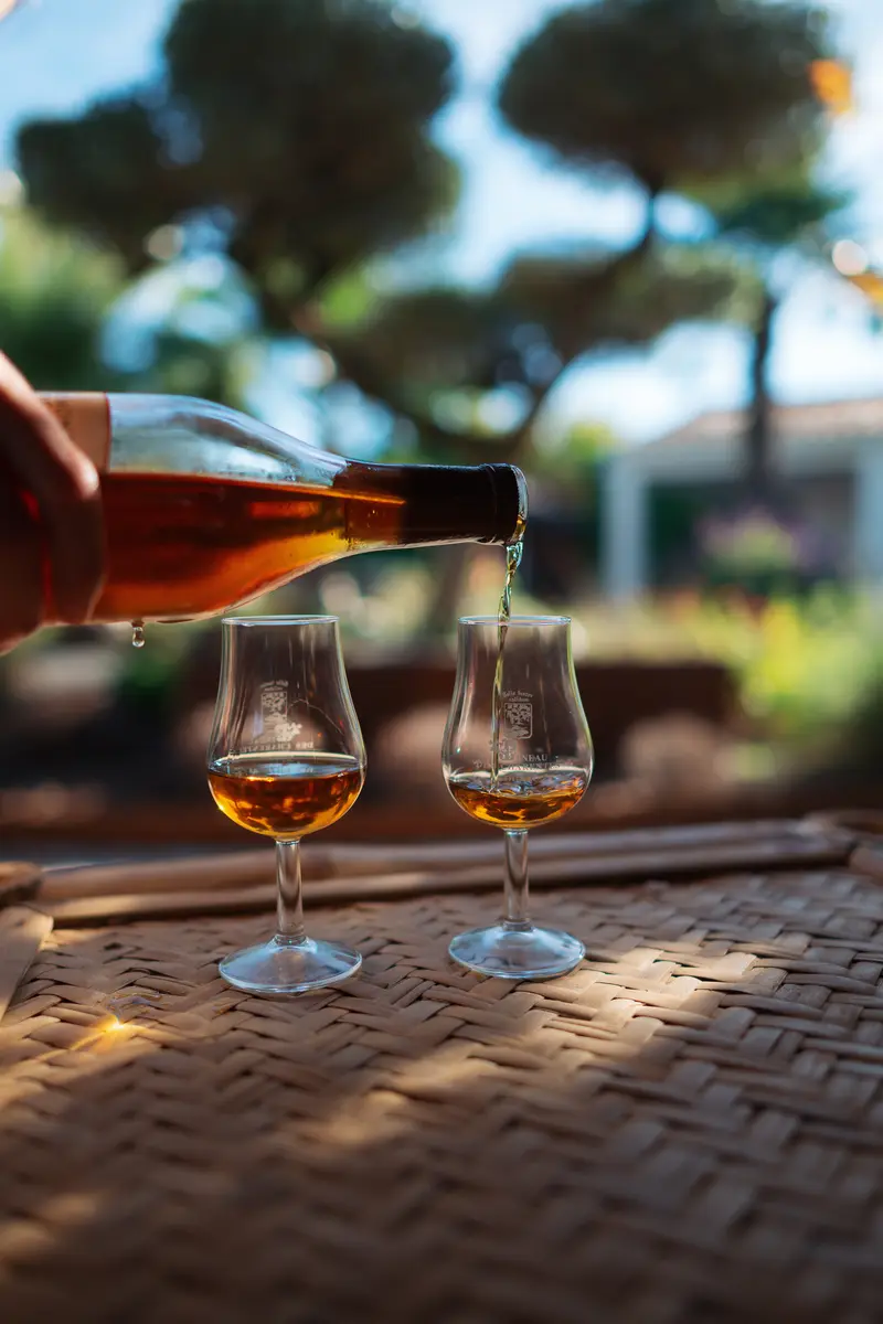 Le Pineau versé dans deux verres, sur une table tressée